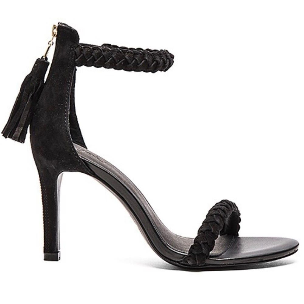Joie Nia Braided Tassel Zipper Black Suede Heels size 7.5